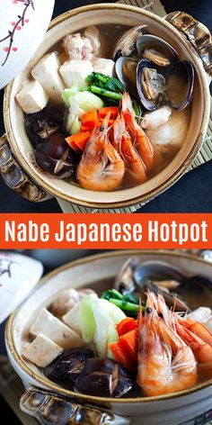 japanese hotpot soup with shrimp, scallops and mushrooms in broth sauce