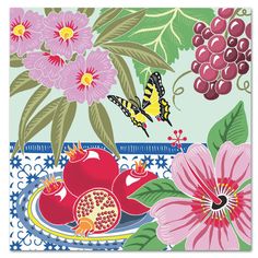 a plate with pomegranates and flowers on it next to a butterfly