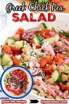 greek chick pea salad in a white bowl