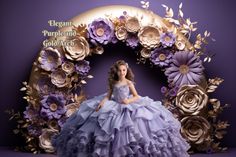 the doll is wearing a purple dress with flowers on it and sitting in front of a floral arch