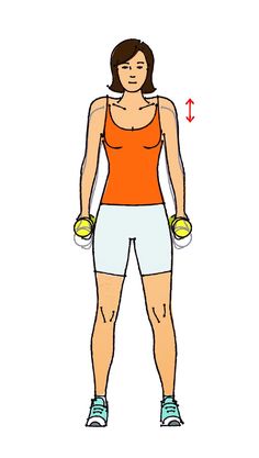 a woman in shorts and an orange tank top is holding two dumbs while standing with one hand on her hip