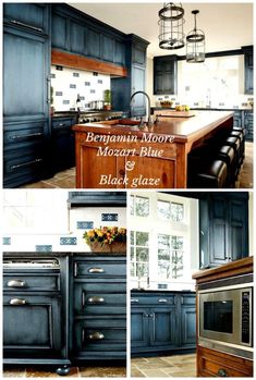 the kitchen is painted in dark blue and white