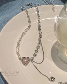 Peilia - Exquisite Faux Pearl Beaded Heart Pendant Necklace - Single Piece Rhinestone Jewelry Set, Beaded Heart, Party Package, Butterfly Pendant Necklace, Geometric Necklace, Rhinestone Jewelry, Stone Heart, Butterfly Pendant, Rhinestone Necklace