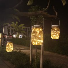 three mason jars with fairy lights in them are hanging from a tree branch at night