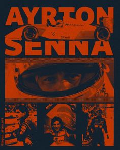 ayrton senna movie poster with images of people and race cars in the background