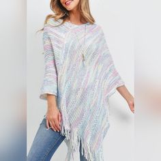 Knitted Fringe Stripe Multi Pancho Onesize Nwt Casual Open Knit Poncho, Casual Knitted Spring Poncho, Casual Knitted Poncho For Spring, Open Knit Poncho For Spring, Casual Knit Poncho, White Knit Poncho For Fall, White Knit Poncho, Casual White Knit Poncho, Cozy White Knit Poncho