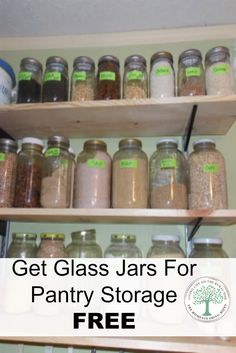 the shelves are filled with jars for pantry storage and free printable labels on them