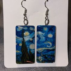 Van Gogh Starry Night Pierced Earrings True Piece Of Art Over 2 1/2 Inches Substantial View No Mistaking What It Is. Definitely Unique, Beautiful And Conversation Starter! New Shop With Confidence, Bundle Three Or More Listings Will Reduce Shipping To $4.99 Via Seller Discount Bundle Five Or More Listings I Will Provide For Free Shipping. Weird Jewelry, The Starry Night, Quirky Earrings, Hand Painted Earrings, Laser Cut Earrings, Paper Earrings, Painted Earrings, Funky Earrings, Art Earrings