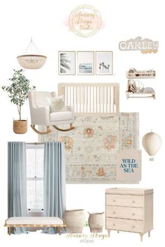 a baby's nursery with white furniture and accessories