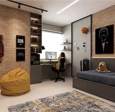 a bedroom with a bed, desk and chair in it next to a brick wall