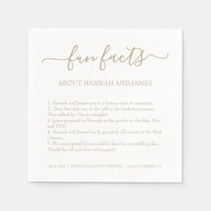 a white card with the words, funfets about hannah and james on it