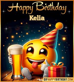 a happy birthday card with a smiley face holding a beer