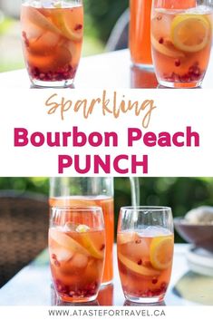 sparkling bourbon peach punch in glasses on a table