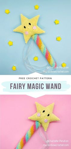 a crocheted star wand is shown with the words fairy magic wand on it