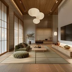 a living room filled with lots of furniture and large screen tv mounted to the wall