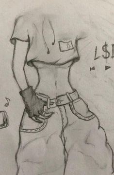 a drawing of a person wearing shorts and a t - shirt with the words $ d on it