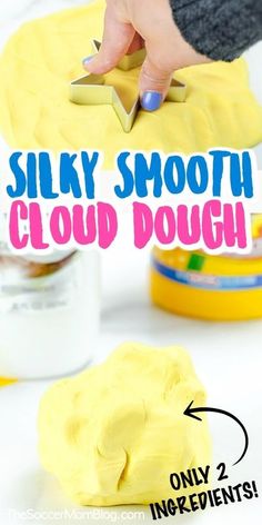 a person using a knife to cut up yellow dough with the words silky smooth cloud dough