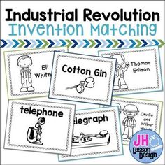 three posters with words that describe the industrial revolution and how they are used to teach them