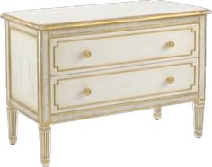 a white and gold dresser with two drawers on each side, one drawer closed to the other