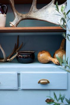 an antler's head is sitting on top of a blue cabinet with bowls and vases