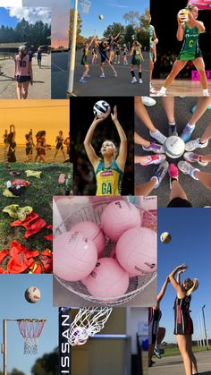 a collage of photos with different people and sports equipment in the middle one is holding a basketball