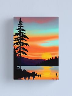 a painting of trees and water at sunset canvas print