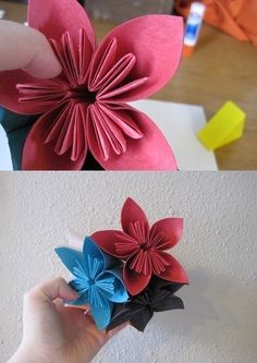 two pictures with different types of paper flowers on them, one is red and the other is blue