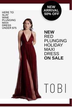 The NEW red plunging holiday maxi dress on sale now. Introducing the formal Here To Slay Wine Plunging Maxi Dress under $75. Get 50% off this hot new arrival exclusively from TOBI. Grab it now before it sells out! #shoptobi #maxidress #holidaydress Here To Slay, Simple Street Style, Plunge Maxi Dress, Sheer Skirt