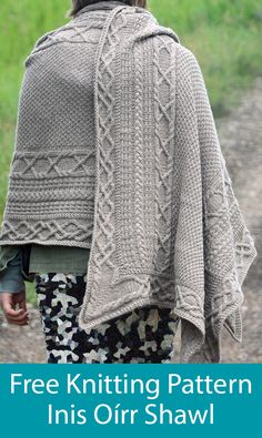 a woman wearing a shawl with text overlay that reads free knitting pattern ins our shawl