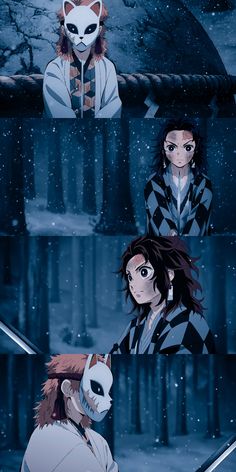 two anime characters standing next to each other in the snow