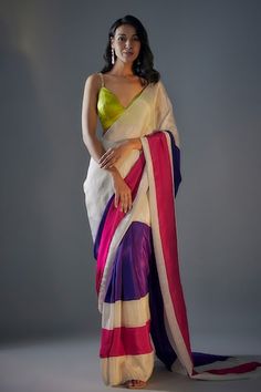 Hot pink, purple, beigish-light gold color block pre-draped saree in tissue base. Comes with embellished strap lime green blouse. - Aza Fashions Elegant Multicolor Cotton Silk Pre-draped Saree, Summer Party Multicolor Pre-draped Saree, Elegant Multicolor Pre-draped Saree, Multicolor Cotton Silk Pre-draped Saree, Lime Green Blouse, Draped Saree, Light Gold Color, Drape Saree, Green Blouse