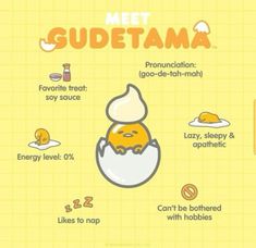 an egg with the words meet gudetama written on it and eggs in different languages