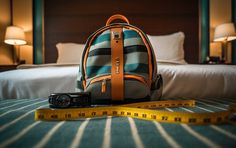 a backpack sitting on top of a bed next to a measuring tape and a camera