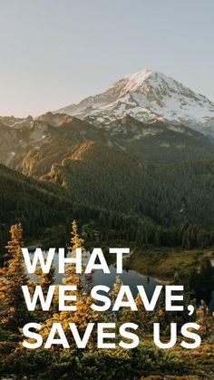 a mountain with the words what we save save us written in white on it, and an image of a lake surrounded by trees