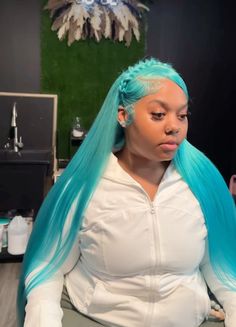 Blue Hair Character Cartoon, Icy Blue Wigs For Black Women, Blue Swoop Wig, Aqua Blue Wigs For Black Women, Blue Hair Lace Frontal, Powder Blue Wig Install, Teal Hair, Creative Hair Color