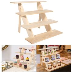 three shelves with cupcakes and other items on them, one is made out of wood