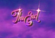 the end logo on a purple background with stars in the sky and clouds behind it