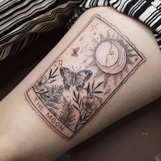 a woman's arm with a tattoo on it that reads moon and butterflies in the background