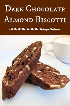 two pieces of chocolate almond biscotti on a white plate