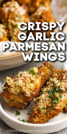 garlic parmesan wings in a white bowl with text overlay that reads garlic parmesan wings