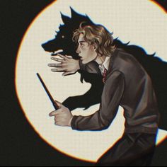 a drawing of a man holding a knife in front of a wolf