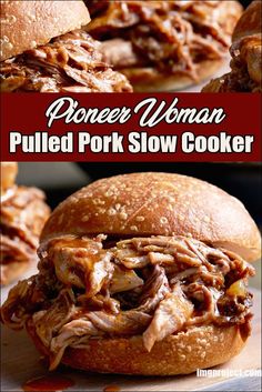 the pulled pork slow cooker sandwich is cut in half and ready to be eaten