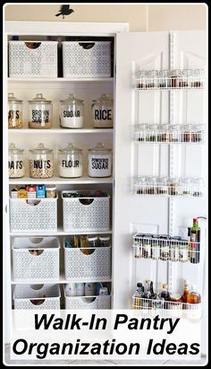 an organized pantry with baskets and bins on the shelves, labeled walk - in pantry organization ideas