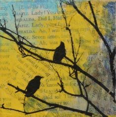 two black birds sitting on top of a tree branch in front of a yellow sky