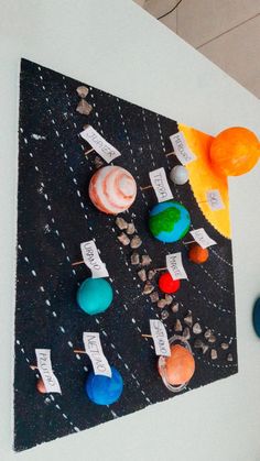 a space themed bulletin board with magnets on it and some paper notes pinned to the outer planets