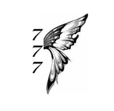 a black and white drawing of a butterfly with the number seven on it's wing