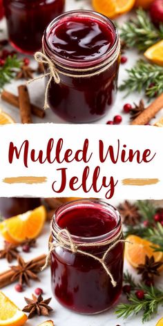 two jars filled with mulled wine next to orange slices and cinnamons on a table