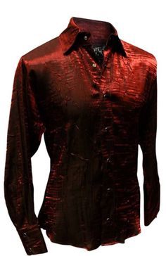 "A classic cut men's shirt with flash! Comfortable, light-weight dark red shimmer fabric adds a lot of style to a traditional cut. A generous, slimming fit fastened with rich black pearl snaps down front and at cuffs. Definitely will make you stand out in a crowd. Comes in sizes small-XXL. These shirts are large and drapey. Order a size smaller than what you usually wear. Check the measurements below. Measurements: Small: Chest 46\" Waist 42\" Medium: Chest 49\" Waist 44\" Large: Chest 52\" Wais Red Collared Party Shirt, Red Collared Shirt For Party, Fitted Red Shirt For Party, Fitted Red Shirt For Fall, Fitted Burgundy Shirt For Fall, Red Party Shirt For Fall, Shimmer Fabric, New Mens Fashion, Calvin Klein Women