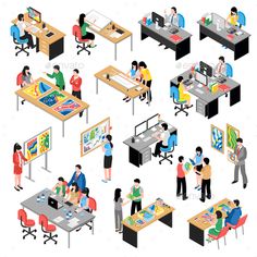 people are working at different desks in an office - miscellaneous objects illustrations on separate layers