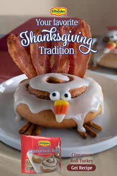 a donut that has been decorated like a turkey with bacon on top and the words, your favorite thanksgiving tradition